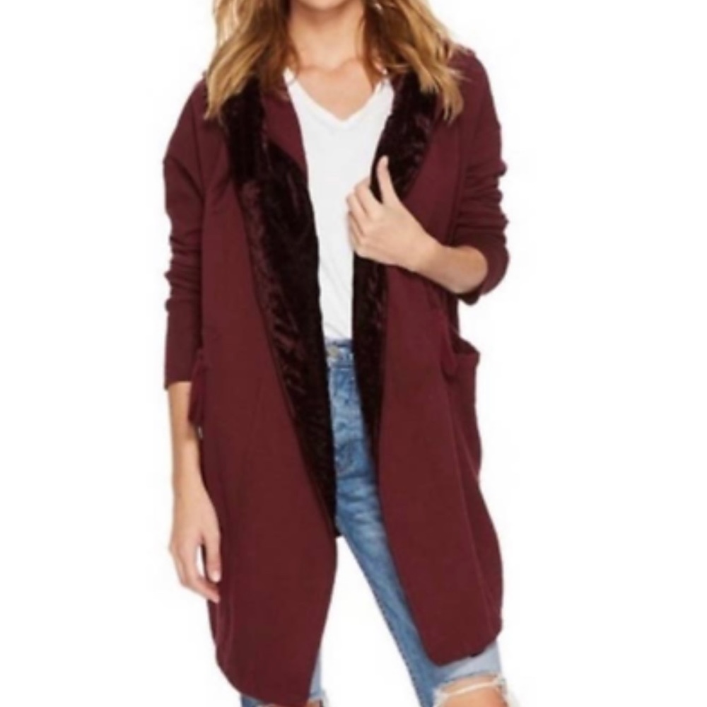 Free People Westwood Cardigan, Open Front, Pockets, Hood, Tie-Waist, Burgundy L